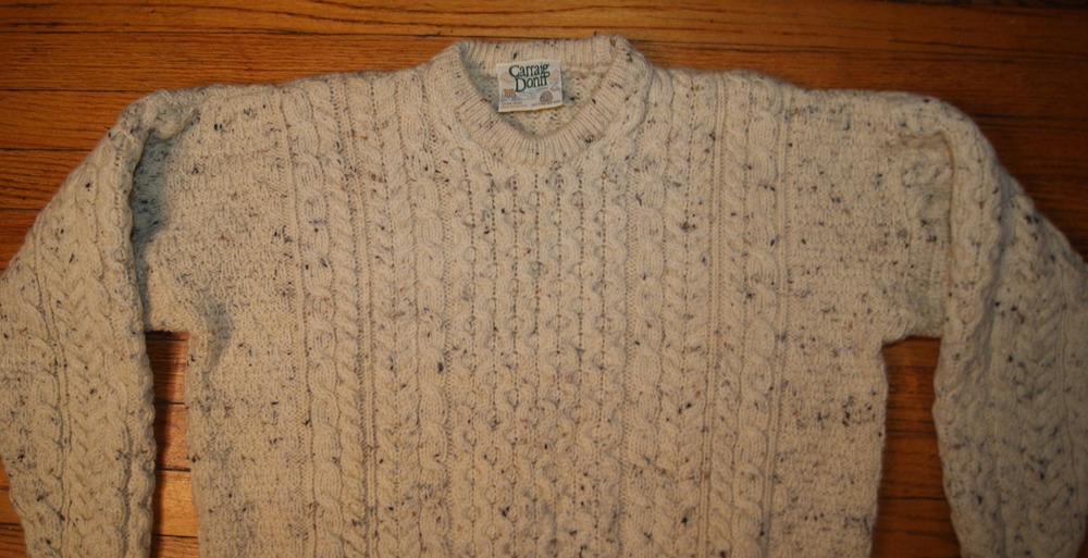 VTG Carraig Donn Wool Sweater Cable Knit Fisherman Flecked M Ivory Aran Ireland